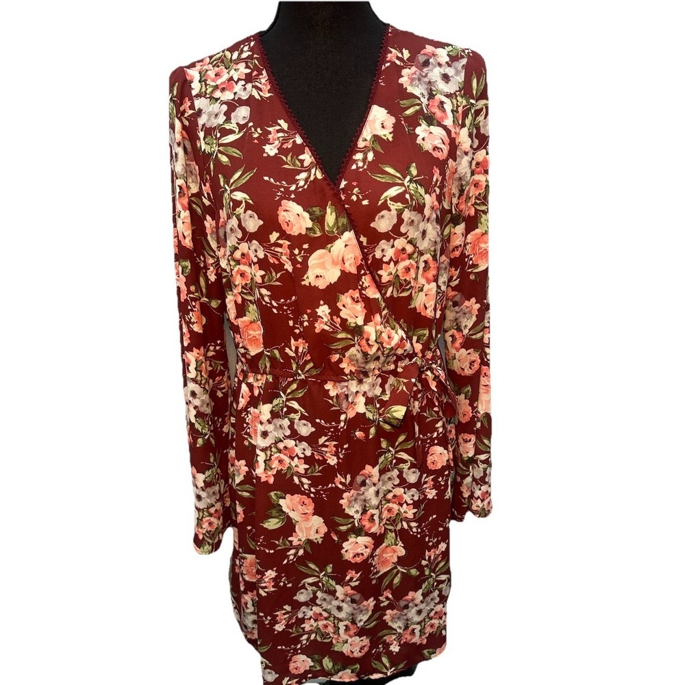 Xhilaration Dress Women's Size XL Burgundy Floral Print Long Sleeve Front Tie